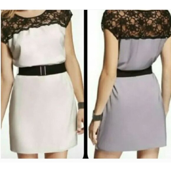 Express Dresses & Skirts - Express Dress Womens Med Cream Black Gray Colorblock Lace Trim Shift Satin Lined